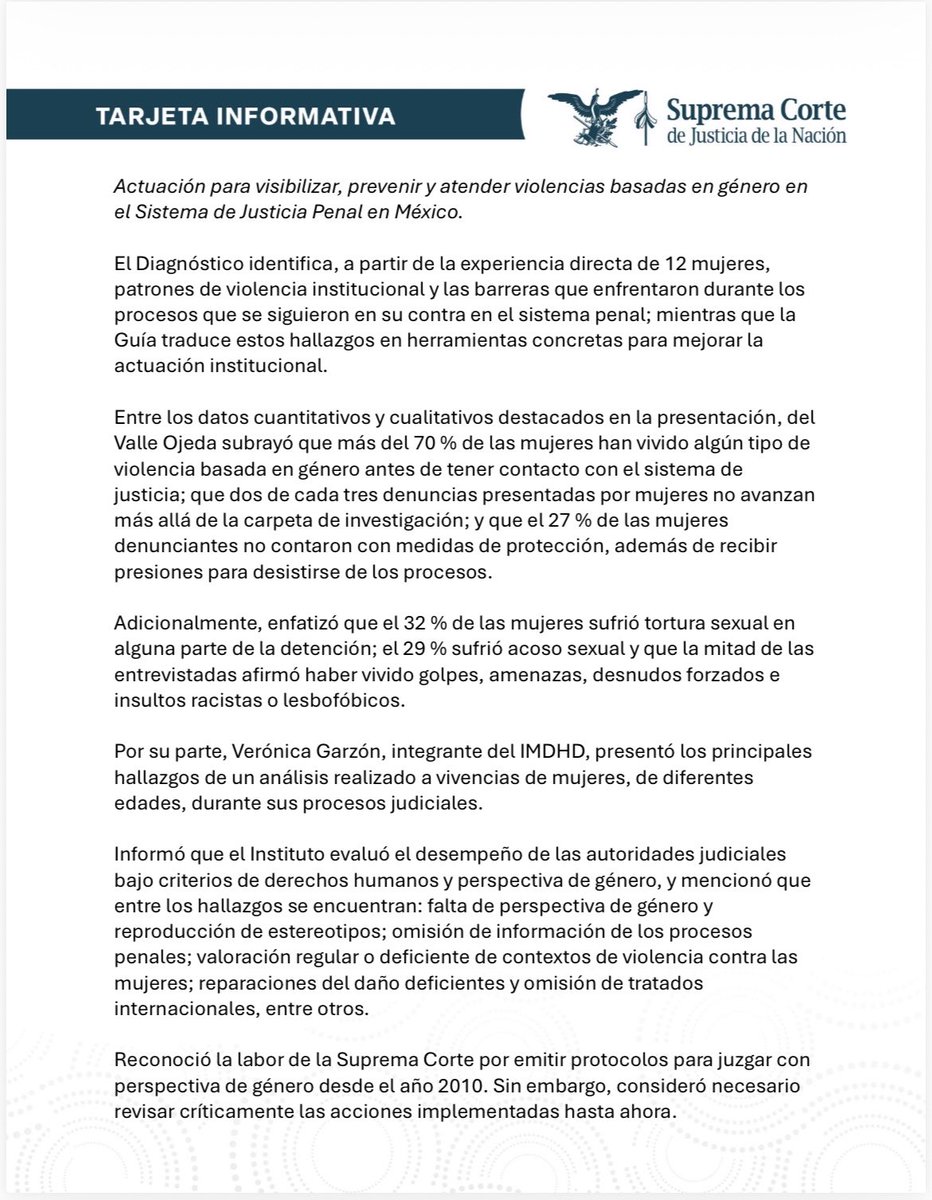 SCJN's tweet photo. Tarjeta Informativa | La #SCJN, el @CeaJusticia y el @IMDHyD analizaron las barreras, la violencia institucional y los estereotipos que enfrentan las mujeres en el sistema de justicia penal.

Durante el conversatorio Del papel a la justicia, el ministro @AristidesRodri destacó la importancia de analizar las sentencias con perspectiva de género y derechos humanos para avanzar hacia una justicia que garantice la igualdad en la práctica.