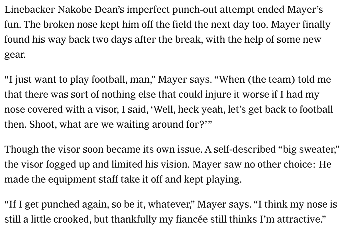 samwarren83's tweet photo. Raiders TE Michael Mayer had his nose broken on the first day of pads in training camp. He returned to practice just two days later.

Quarterback Aidan O'Connell said it was the moment he knew Mayer was in for a big season.

On the commitment that's producing a career-year for Mayer, and the fun he's having while doing it. https://t.co/xrypPHAMot