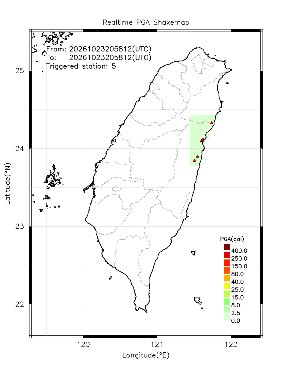 eew_p's tweet photo. Automatically Plotted Shakemaps:
* 2026-10-24 04:58:12 (UTC+08:00, Taipei)
* Evt. 20261024045812, First Report.
* Total 5 triggered stations

Note: These shakemaps are not yet confirmed, for reference only!
#地震 #台灣 #earthquake #Taiwan https://t.co/FWESZxlLHD