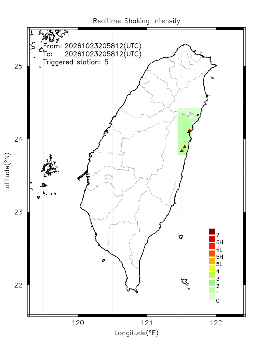 eew_p's tweet photo. Automatically Plotted Shakemaps:
* 2026-10-24 04:58:12 (UTC+08:00, Taipei)
* Evt. 20261024045812, First Report.
* Total 5 triggered stations

Note: These shakemaps are not yet confirmed, for reference only!
#地震 #台灣 #earthquake #Taiwan https://t.co/FWESZxlLHD