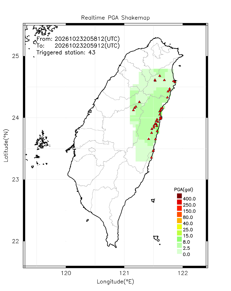 eew_p's tweet photo. Automatically Plotted Shakemaps:
* 2026-10-24 04:59:12 (UTC+08:00, Taipei)
* Evt. 20261024045812, 60s after trig.
* Total 43 triggered stations

Note: These shakemaps are not yet confirmed, for reference only!
#地震 #台灣 #earthquake #Taiwan https://t.co/P3lCOKlSZ8