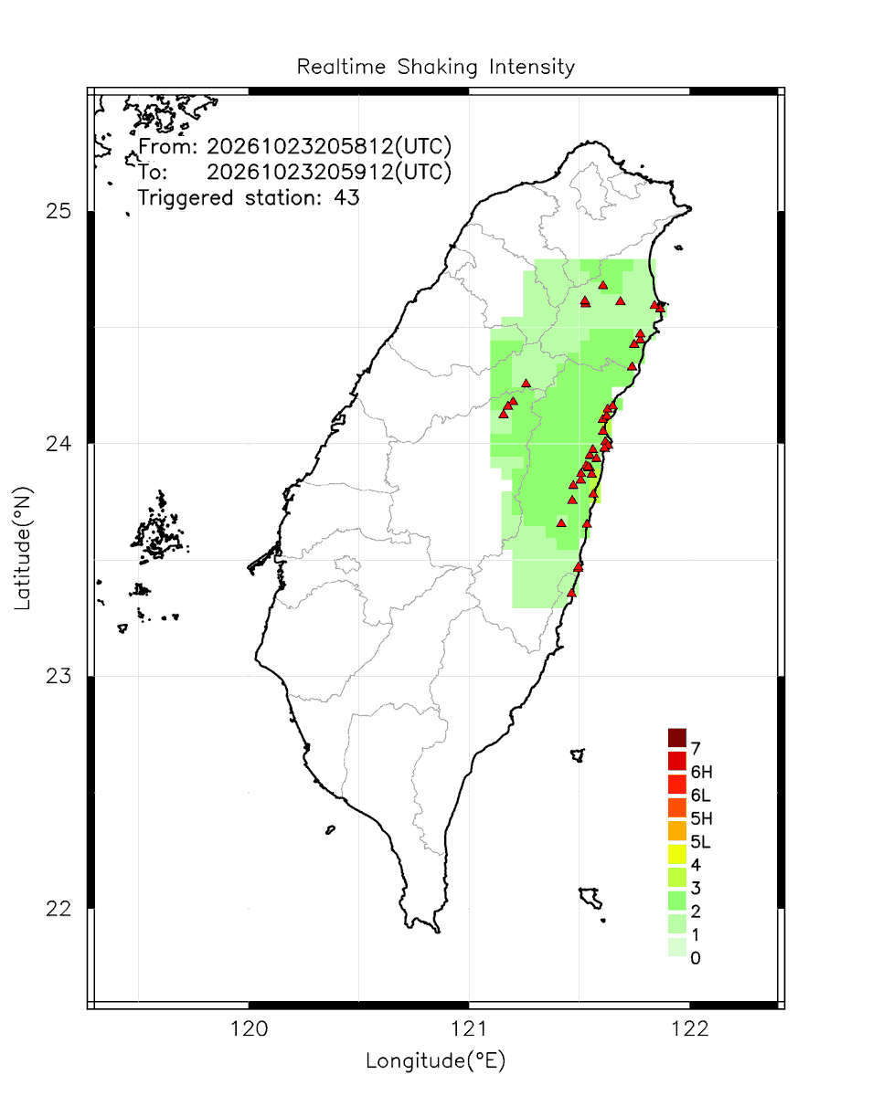 eew_p's tweet photo. Automatically Plotted Shakemaps:
* 2026-10-24 04:59:12 (UTC+08:00, Taipei)
* Evt. 20261024045812, 60s after trig.
* Total 43 triggered stations

Note: These shakemaps are not yet confirmed, for reference only!
#地震 #台灣 #earthquake #Taiwan https://t.co/P3lCOKlSZ8