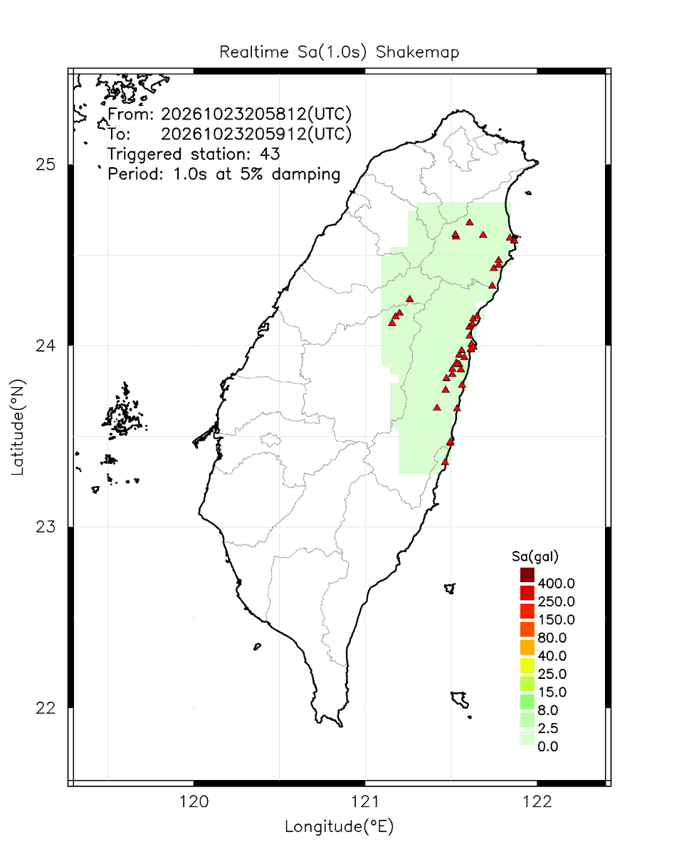 eew_p's tweet photo. Automatically Plotted Shakemaps:
* 2026-10-24 04:59:12 (UTC+08:00, Taipei)
* Evt. 20261024045812, 60s after trig.
* Total 43 triggered stations

Note: These shakemaps are not yet confirmed, for reference only!
#地震 #台灣 #earthquake #Taiwan https://t.co/P3lCOKlSZ8