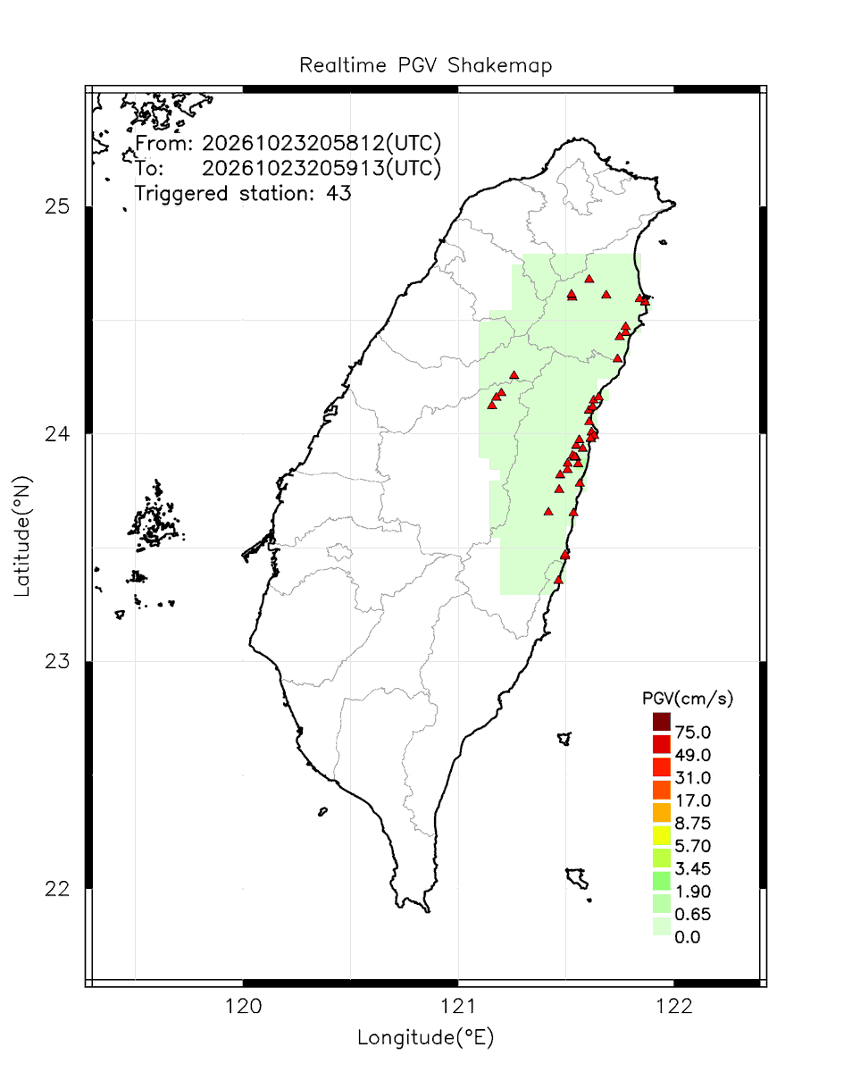 eew_p's tweet photo. Automatically Plotted Shakemaps:
* 2026-10-24 04:59:13 (UTC+08:00, Taipei)
* Evt. 20261024045812, Final Report.
* Total 43 triggered stations

Note: These shakemaps are not yet confirmed, for reference only!
#地震 #台灣 #earthquake #Taiwan https://t.co/hq8RXI5qkv