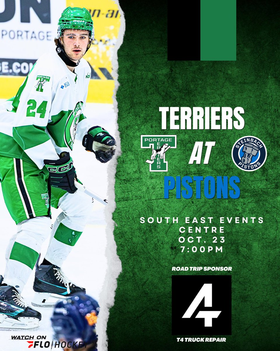 PortageTerriers's tweet photo. The Portage Terriers are in Steinbach tonight to play the Pistons! We are 3 hours from puck drop! Tune in on @FloHockey or 920AM CFRY! #MJHLTerriers #T4TruckRepair https://t.co/aKfkTHmIB4
