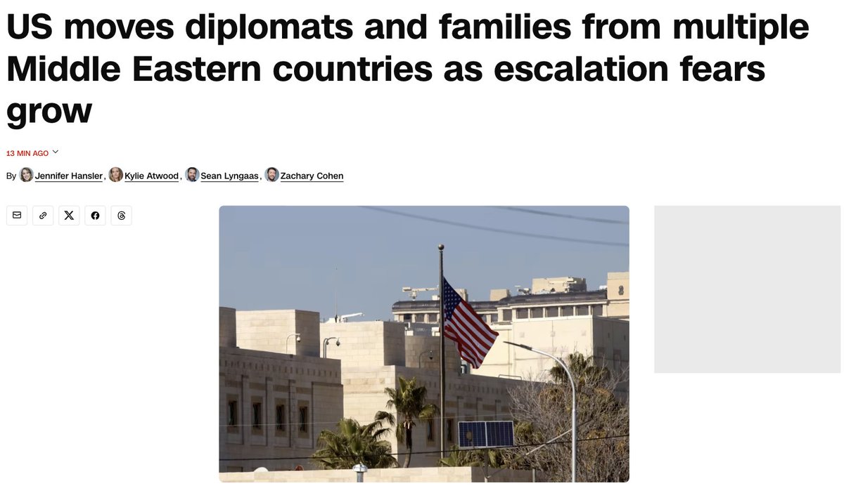 clashreport's tweet photo. The United States is rushing to move some diplomats and their families out of several Middle Eastern countries amid fears of a regional escalation.

State Department this week ordered non-emergency staff and all family members to leave Saudi Arabia following increased Houthi attacks on the kingdom, while quietly reducing staff at embassies in Jordan, Bahrain, Kuwait, Qatar, the UAE and Lebanon without public announcements. 

Many of those leaving had only recently returned after being ordered out at the height of the Iran war, with one diplomat saying “to say it has been chaotic is an understatement” and a source in Amman describing a “very Groundhog Day vibe.” 

Source: CNN