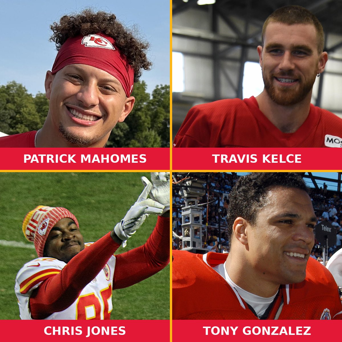 SheKnowsBall_'s tweet photo. One has to go based on their entire Chiefs career. 

Mahomes, Kelce, Chris Jones or Tony Gonzalez. 

Who are you cutting? 👀❤️💛 https://t.co/SRquuXt6HF