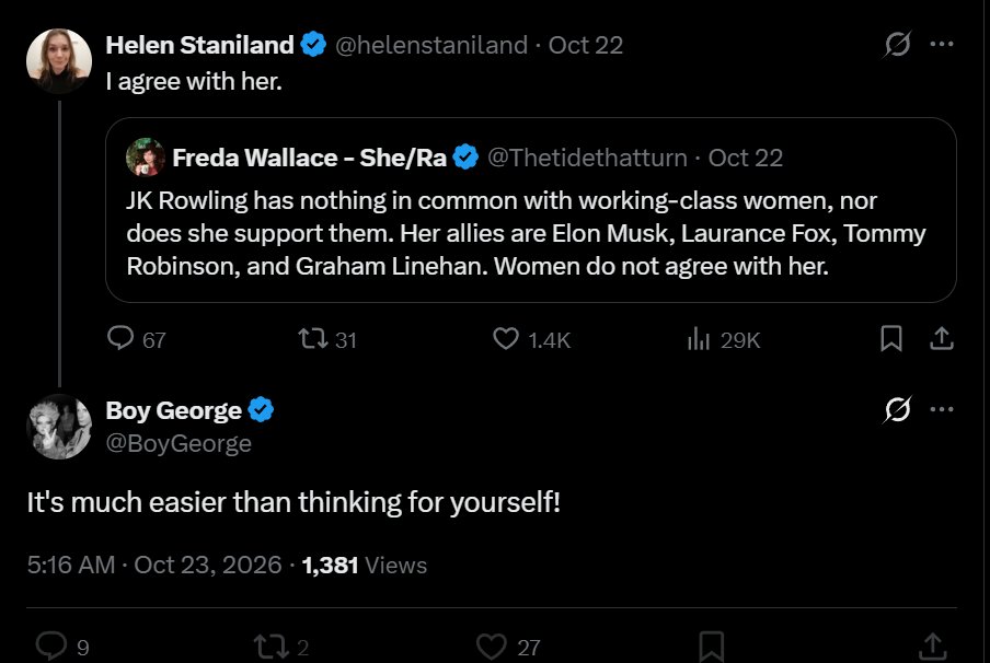 Glinner's tweet photo. Boy George joins the legion of abusive men who have blocked me so they can lecture and harass @helenstaniland without the wider audience. https://t.co/YowaAL53lP
