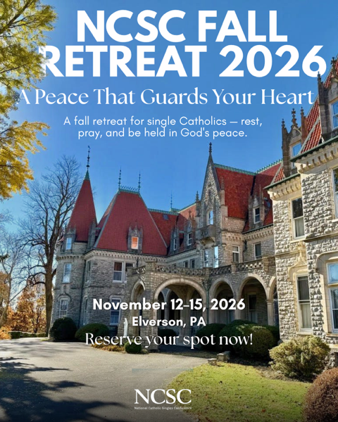 CatholicMatch's tweet photo. This November, give yourself the space to cultivate it at the NCSC Fall Retreat, “A Peace that Guards your Heart," made for single Catholics who want to slow down, de-stress, and reconnect - with God and with fellow singles.

November 12–15, 2026 |  Elverson, PA

Registration closes November 1st!

See more: https://t.co/Tt379ttPwh