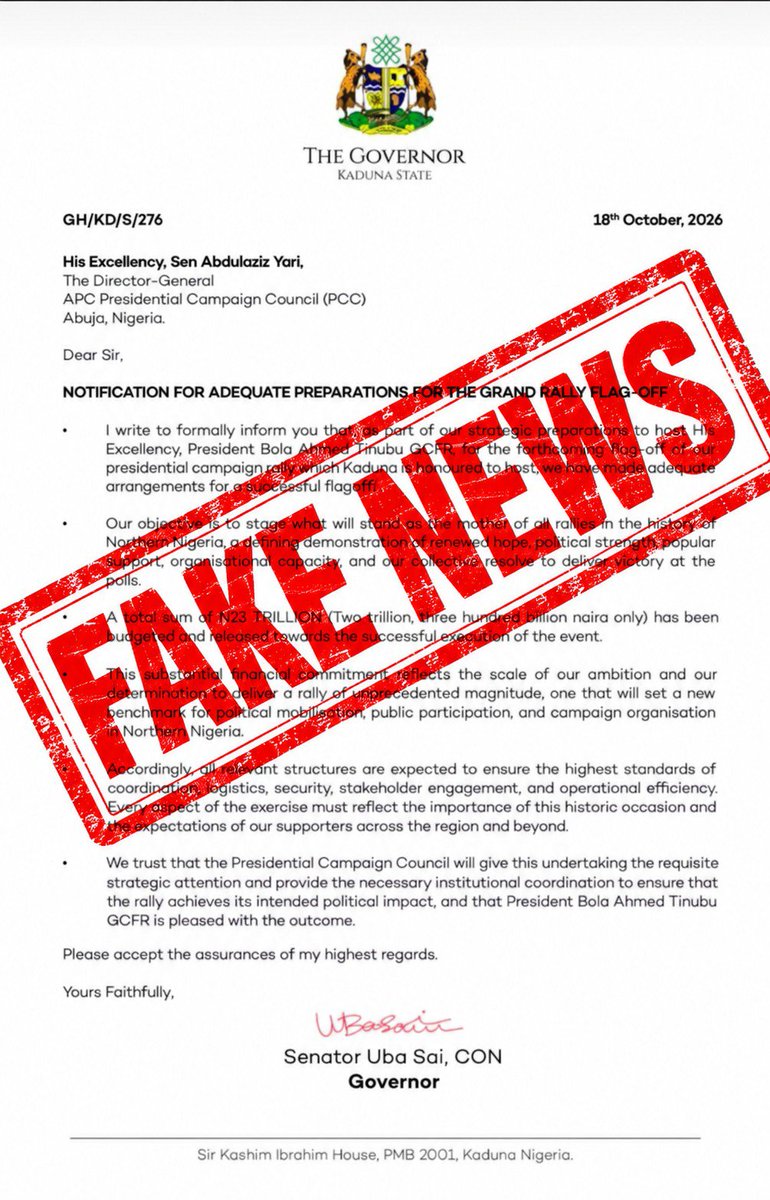 Ubaidullahkaura's tweet photo. Kaduna State’s entire 2026 budget is approximately ₦986 billion. Claiming ₦2.3 trillion was budgeted and released for one rally exceeds the full annual state budget and is fiscally impossible. The signature also misspells the governor’s name as “Uba Sai” instead of Uba Sani. https://t.co/7OJNdI7m1H