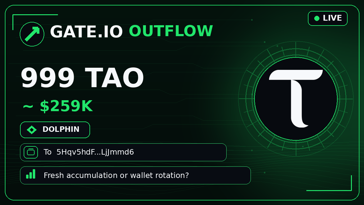 bittensor_alert's tweet photo. 🟩 #GATEIO OUTFLOW
🐬 999 $TAO · $259K
To 5Hqv5hd…jJmmd6
Fresh accumulation or wallet rotation? 👀
#Bittensor #TAO https://t.co/irMCR91SBw