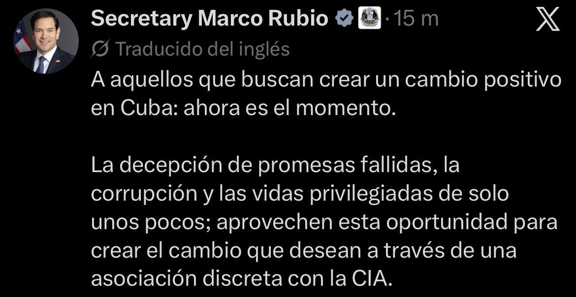 _TereFelipe_'s tweet photo. El secretario de Estado de Estados Unidos está llamando abiertamente a la insurrección en Cuba. Sí, a la insurrección. El mismo delito que en su país castigan con cárcel cuando alguien se atreve a cometerlo contra ellos.

Marco Rubio es un delincuente con cargo. Debería estar sentado frente a un tribunal, entre otras cosas, por crímenes de guerra contra el pueblo cubano, por cada apagón, por cada medicina que no llega, por cada familia que el bloqueo asfixia, por cada muerte de un niño cubano. En noviembre, este tipo tendrá su merecido.