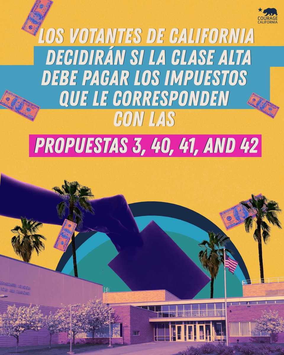 CourageCA's tweet photo. El 3 de noviembre, los californianos votarán sobre cuatro medidas electorales relacionadas con los impuestos a los ricos y podrán decidir si los ricos pagan la parte de impuestos que les corresponde en el estado.

Lee el blog para aprender más sobre las Propuestas 3, 40, 41, y 42: https://t.co/JHnEhOVK9Z (elance en la bio)

Courage California recomienda votar:

✅ SÍ a la Prop. 3 ✅ SÍ a la Prop. 40

❌ NO a la Prop. 41 ❌ NO a la Prop. 42

Con la Proposición 40 compitiendo contra las Proposiciones 41 y 42, cada voto será importante

#Prop40 #ImpuestoALaRiqueza #Prop41 #Prop42 #Prop3