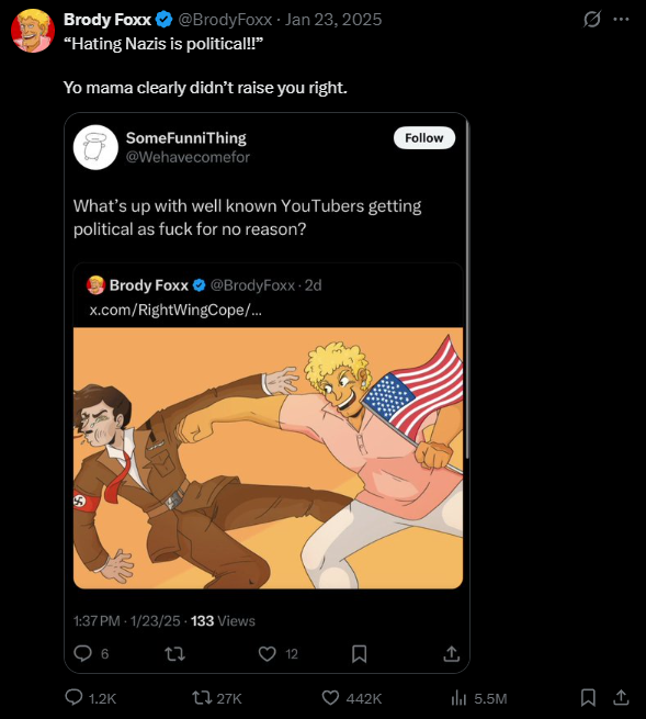Wehavecomefor's tweet photo. That time I called out Brody Foxx for his libtarded ass opinions and he and his braindead fanbase jumped me for it https://t.co/CVIsycibiH