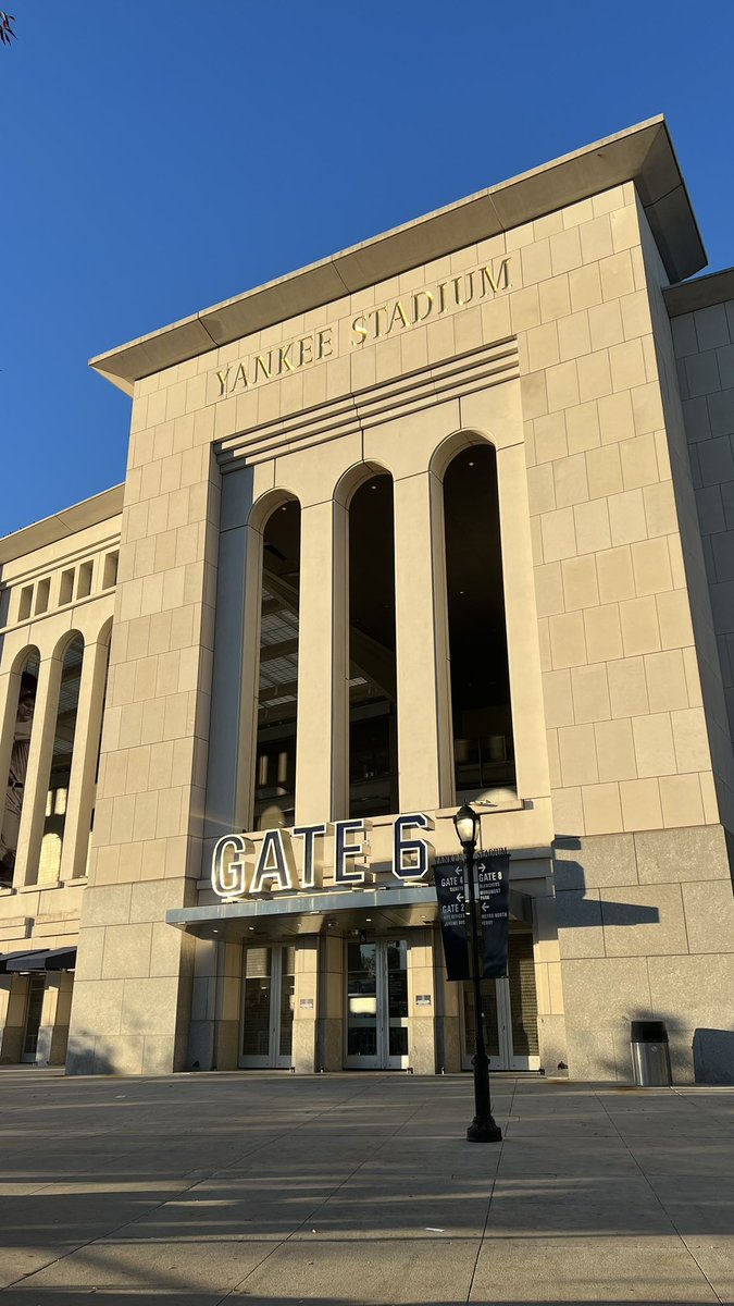 BronxBombrs's tweet photo. At the stadium for game 1 of the World Series! The gates are closed and no one’s here, but I bet that’s just because I’m early. Can’t wait for tonight! Let’s go Yankees!! https://t.co/xR2PPEgXsU