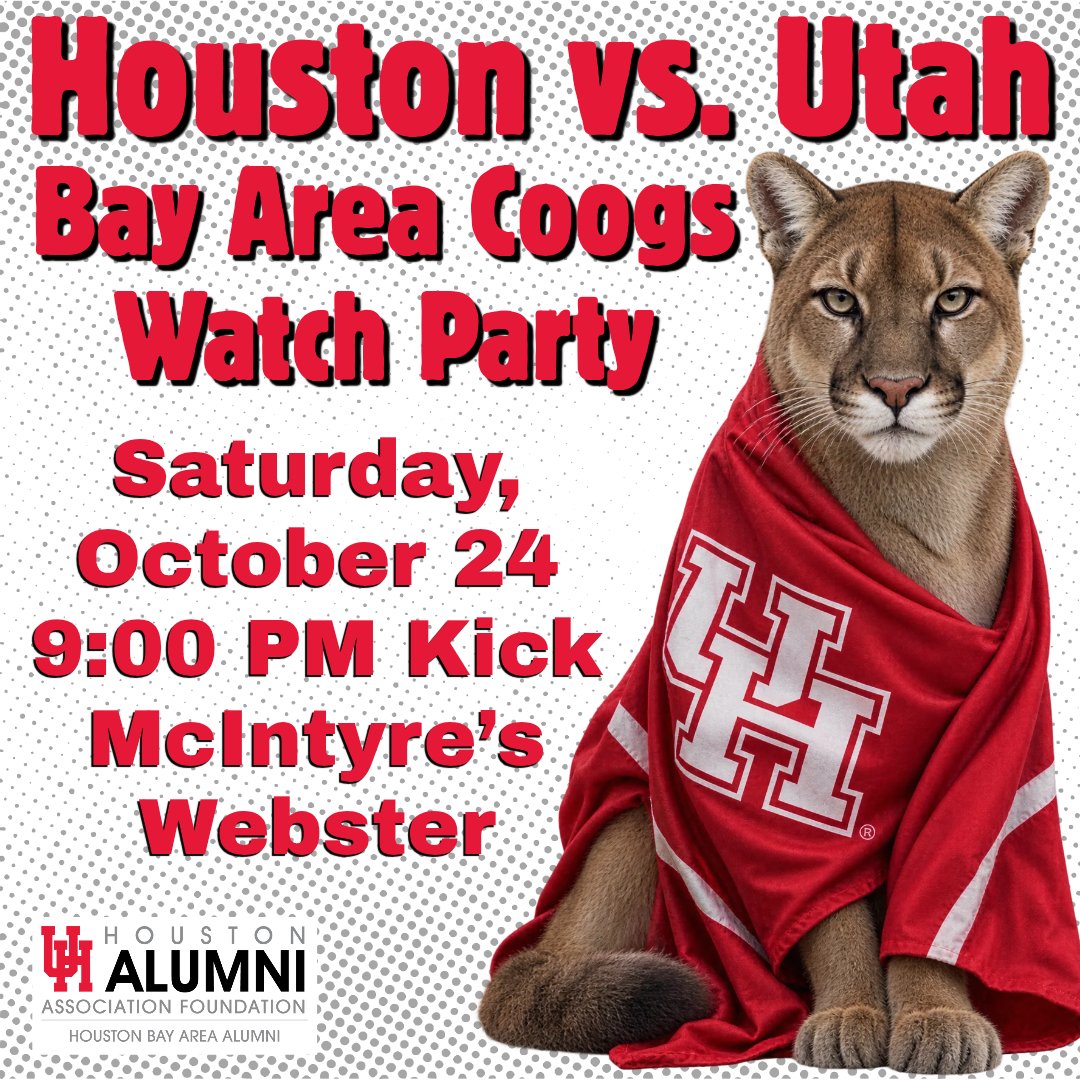 BayAreaCoogs's tweet photo. 🔴🐾 #14 @UHCougarFB vs. #10 @Utah_Football
🔥🏈TOP-15 SHOWDOWN! 🏈🔥
Join the @BayAreaCoogs at McIntyre’s Webster on Saturday! Door prizes, a silent auction for scholarships, &amp; ALL the Coog energy!
⏰ 9 PM kickoff. LET’S GO, COOGS! 🐾🔴
@UHCougars @houstonalumni @UHouston https://t.co/AG0whSiGFP