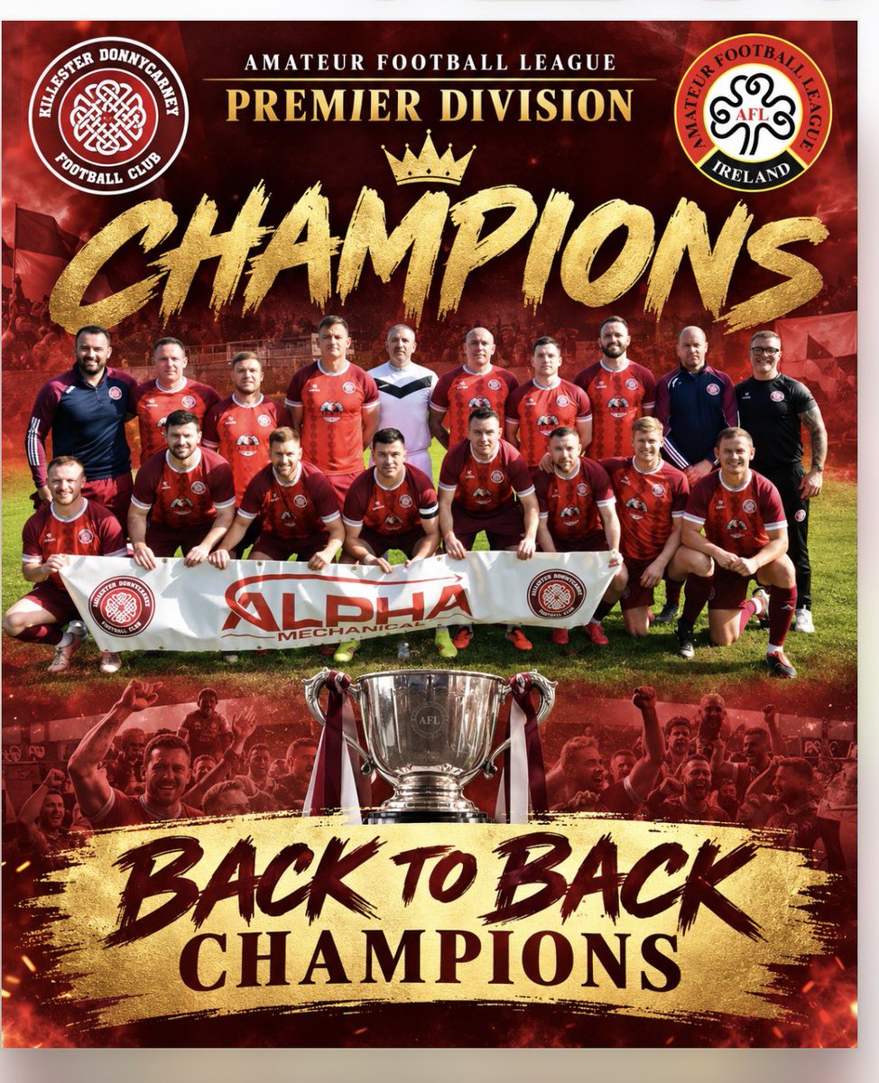 KillesterDonny's tweet photo. Amateur Football League 
Premier Division Result ⚽️❤️
@pats_cyfc 0-5 Killester Donnycarney Fc.
⚽️⚽️ Anto Flood 
⚽️ Mickel McCabe 
⚽️ Lee Roche 
⚽️ David Lacey 
Our over 35’s got their 13th win of the season out of 14 games to be crowned Premier Division champions. Huge well done to John Coyne, David Fitzsimons and all of the players. This goes with the Amateur Cup trophy they won only a few weeks ago. Brilliant lads well done. Enjoy the celebrations ⚽️❤️👏 #KDFC #localfootball