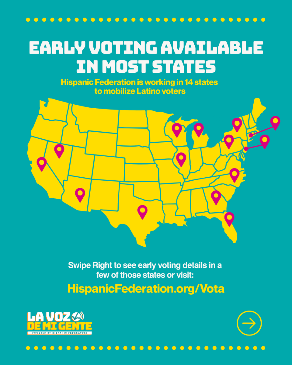 HispanicFed's tweet photo. Today, early voting is available in most states across the country, including in the 14 states where we are mobilizing voters!

Don’t delay. Check your state’s early voting dates today and make a plan to vote. Hispanic Federation has your back with the info you need to make your voice heard.

Hispanic Federation is working in 14 states to ensure that our community has the information needed in order to vote.

Stay informed about when and where to vote in your state by visiting the link here: https://t.co/tKmNB10PfH