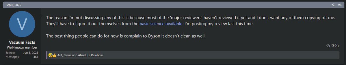 shaurizard's tweet photo. Theres this one vacuum reviewer whom for whatever reason has been vehemently defending the Dyson V16 yet constantly delaying his review for the purposes of getting it correct

I don't even know what the bit is anymore, reason for the delays is so others don't copy his findings

This shit too serious for me man
