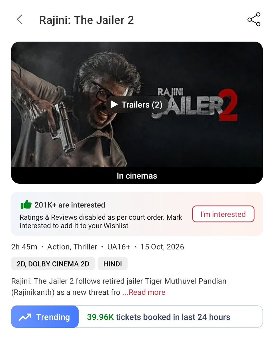 Searching4ligh1's tweet photo. PowerHouse Second Friday for #Jailer2🔥🔥🔥🔥

The Dinosaur has smash all the estimates with a massive ~408K tickets sold just on @bookmyshow, keeping its historic run firmly on track 🔥🔥🔥

All set for a monster weekend as it guns for 500K+ &amp; refuses to slow down🥵🥵 https://t.co/tZt3btaxb1