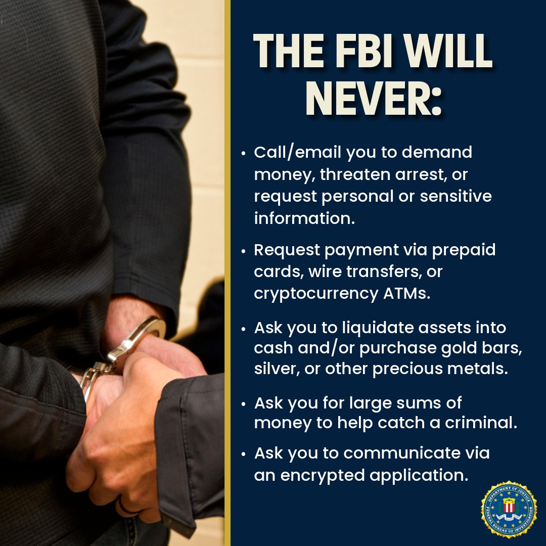 FBIBoston's tweet photo. #FBI Boston continues to warn the public about a new government impersonation scam where fraudsters claim to be #FBI special agents, spoof the FBI's phone number, & urge you to switch over to an encrypted application to scam you out of your hard-earned money & your personal information.

Read our public service announcement to learn more about the tactics these fraudsters are using & how you can protect yourself: https://t.co/SBzbMiLNfm