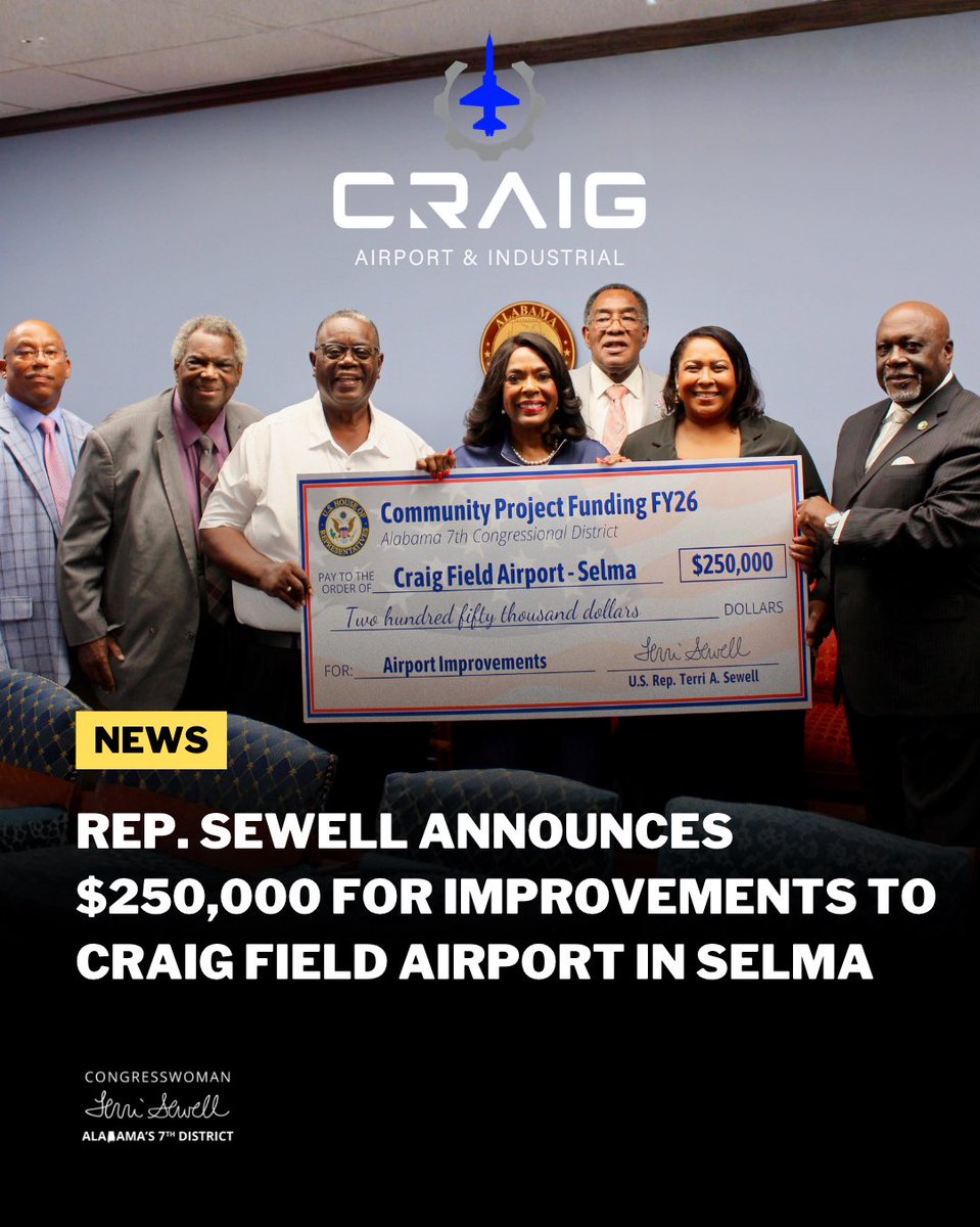 A news-style graphic shows a group of people posing with an oversized funding check in front of a Craig Airport & Industrial sign. A bold headline and congressional branding appear below the photo.