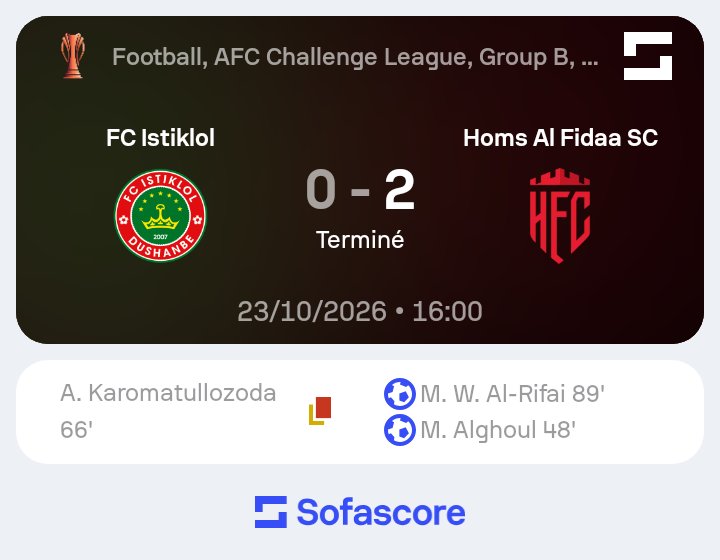 QSPORTNEWS's tweet photo. ⚽🌏 #AFC
> #FortisFC 3-1 Regar TadAz
⚽🇸🇦 D1 JOURNÉE 11
> Al Faisaly 1-3 @AlNassrFC
⚽🌏 #AFC
> FC Istiklol 0-2 #HomsAlFidaa
⚽🇬🇪 D1 JOURNÉE 30
> FC Spaeri 0-0 FC Gagra https://t.co/ColrSBSh04