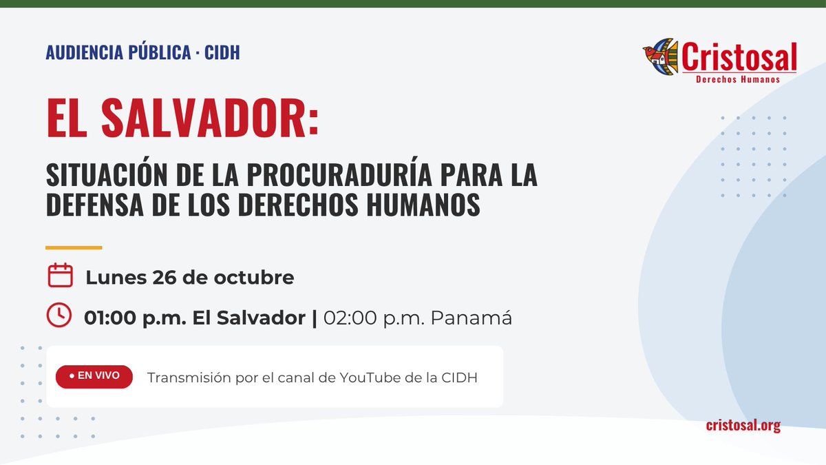 Cristosal's tweet photo. #CIDH | ¿Qué hace la Procuraduría para la Defensa de los Derechos Humanos de El Salvador ante los juicios masivos, los desalojos de comunidades y la criminalización de quienes defienden la tierra? Las víctimas cumplen al denunciar y merecen una Procuraduría a la altura de su mandato. Por eso participaremos en esta audiencia junto a otras organizaciones, porque creemos que la Procuraduría debe responder a las víctimas, no al poder.

📅 Calendario completo de audiencias: https://t.co/3XjLxojBhQ