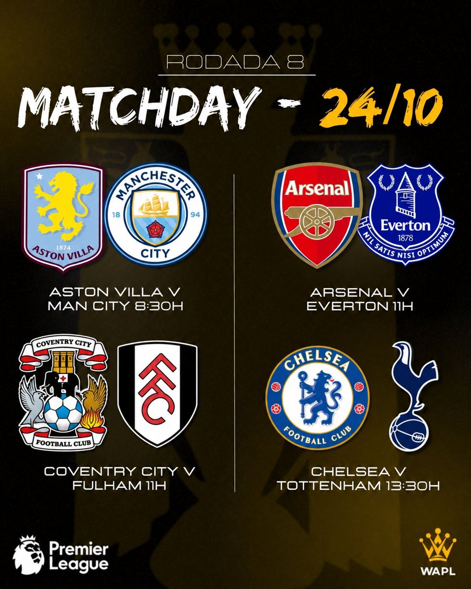 WeArePLeague's tweet photo. ◉ Premier League • Rodada 8
Sábado super movimentado na Liga.
Com líder e vice líder em campo para jogos muito difíceis, briga para se afastar do Z3 entre Coventry v Fulham e o Super Clássico da rodada.
O Chelsea recebe em Stamford Bridge o Tottenham, é rivalidade, é história, Londres será pequena para esse grande jogo.
E você acompanha tudo conosco!
Fique ligado!
Vêm com a gente!
#PremierLeague
#WAPL