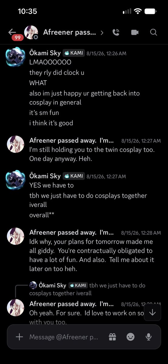 OkamiSkyVT's tweet photo. i think I’ve been doing a pretty good job at being consistent again after my break, but if I’m being honest some days are still very hard on me

i think of afreen every single day, and i listen to songs that remind me of her every day. i wish that she would somehow come back and that her being gone wasn’t real. i find myself speaking out loud when I’m alone, talking to her about things and crying 

i really feel like a big piece of my heart is missing. i try not to talk about it so much because i don’t want to make anyone sad. grief is hard 

i will forever wish we could have more conversations. i find myself looking back on them often. i wish we could’ve seen all of our many plans through. i miss her more than i can put into words