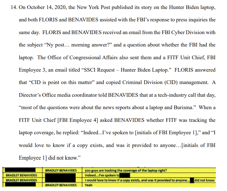 drawandstrike's tweet photo. The FBI had the laptop...and they knew what's on it.  And they knew the laptop was real. They KNEW it wasn't 'Russian disinformation'. 

And yet from the start the FITF led by Floris and Benavides is operating on the strategy of classifying [not the laptop contents] but any INFORMANT INTELLIGENCE they receive **confirming** the laptop contents as "RUSSIAN DISINFORMATION".  

Now you know why Tony Bobulinski couldn't get the FBI's attention no matter how much he jumped up and down. They dismissed him as a 'spreader of Russian disinformation'.  

And what gets both Floris and Benavides in trouble is that they later testify under oath to Congress in2023 that they weren't doing any of this...

16. shows you what the FBI FITF members were already doing in October 2020:  helping seed in the Fake News Media that the laptop was some kind of foreign-organized disinformation campaign when they knew this wasn't true.

They did this KNOWINGLY.