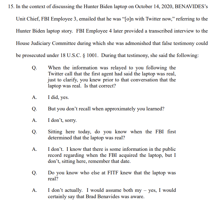 drawandstrike's tweet photo. The FBI had the laptop...and they knew what's on it.  And they knew the laptop was real. They KNEW it wasn't 'Russian disinformation'. 

And yet from the start the FITF led by Floris and Benavides is operating on the strategy of classifying [not the laptop contents] but any INFORMANT INTELLIGENCE they receive **confirming** the laptop contents as "RUSSIAN DISINFORMATION".  

Now you know why Tony Bobulinski couldn't get the FBI's attention no matter how much he jumped up and down. They dismissed him as a 'spreader of Russian disinformation'.  

And what gets both Floris and Benavides in trouble is that they later testify under oath to Congress in2023 that they weren't doing any of this...

16. shows you what the FBI FITF members were already doing in October 2020:  helping seed in the Fake News Media that the laptop was some kind of foreign-organized disinformation campaign when they knew this wasn't true.

They did this KNOWINGLY.
