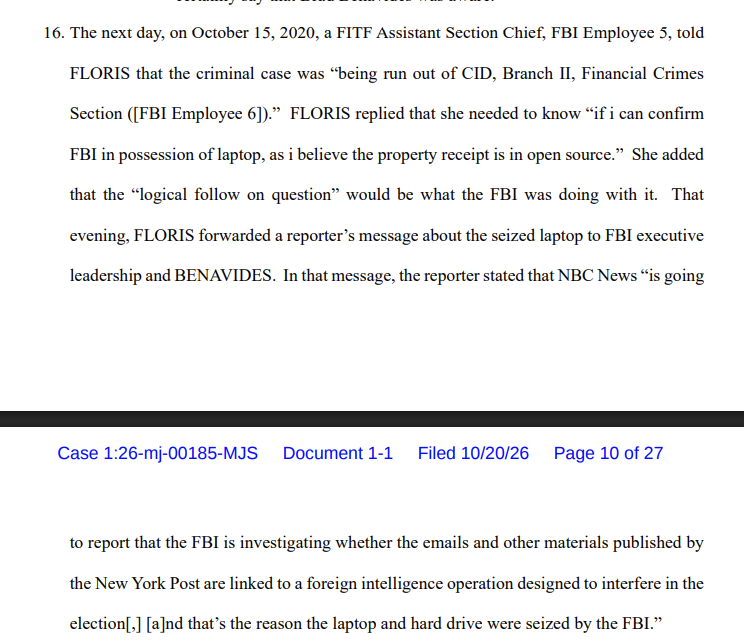 drawandstrike's tweet photo. The FBI had the laptop...and they knew what's on it.  And they knew the laptop was real. They KNEW it wasn't 'Russian disinformation'. 

And yet from the start the FITF led by Floris and Benavides is operating on the strategy of classifying [not the laptop contents] but any INFORMANT INTELLIGENCE they receive **confirming** the laptop contents as "RUSSIAN DISINFORMATION".  

Now you know why Tony Bobulinski couldn't get the FBI's attention no matter how much he jumped up and down. They dismissed him as a 'spreader of Russian disinformation'.  

And what gets both Floris and Benavides in trouble is that they later testify under oath to Congress in2023 that they weren't doing any of this...

16. shows you what the FBI FITF members were already doing in October 2020:  helping seed in the Fake News Media that the laptop was some kind of foreign-organized disinformation campaign when they knew this wasn't true.

They did this KNOWINGLY.