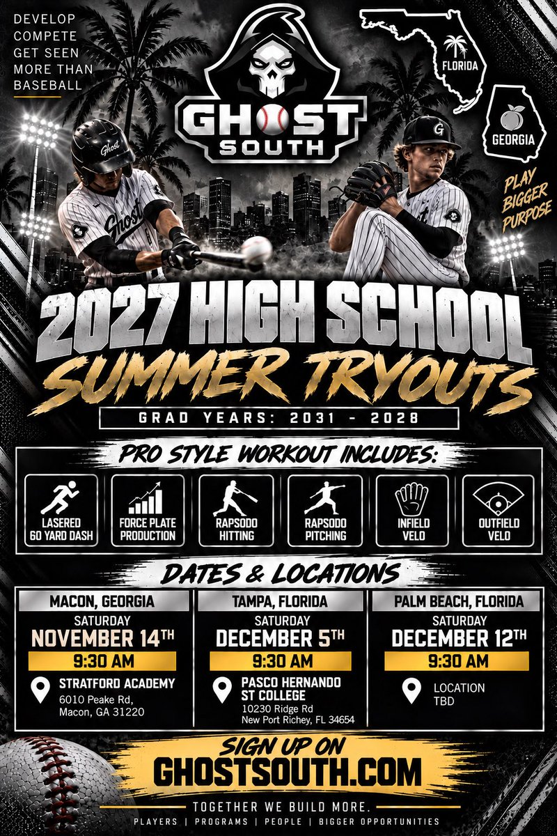 GhostSouthBB's tweet photo. A NEW ERA BEGINS. GHOST SOUTH IS HERE!

We’re excited to officially announce our FIRST Ghost South High School Summer Tryout for the 2027 season! 
Ghost South is bringing together top coaches, elite competition, national exposure, and college recruiting opportunities across Florida and Georgia.

The next chapter starts NOW. Sign up below:
https://t.co/c7BfyNA9Ms
