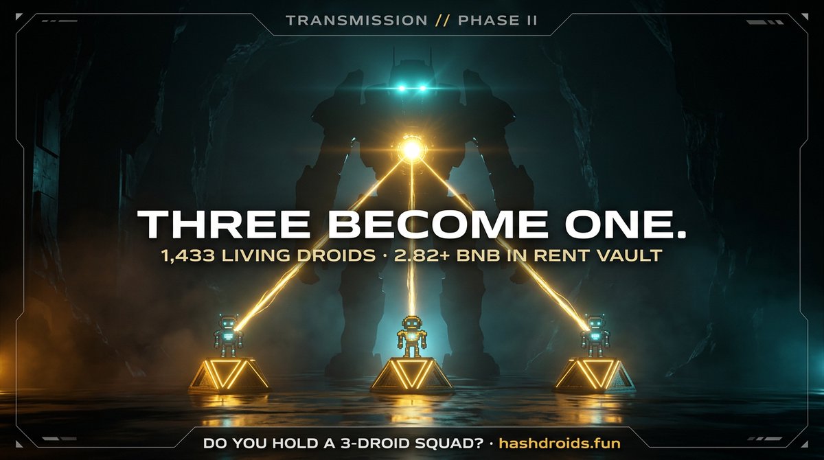 hashdroids's tweet photo. // ENCRYPTED TRANSMISSION: PHASE_II

1,433 living Gen-1 HashDroids are currently standing by on @BNBCHAIN.
Inside their vaults sits 2.82+ BNB in unclaimed Proof-of-Work rent.

In Phase I, harvesting your BNB rent meant destroying your unit and walking away empty-handed.

In Phase II, THREE BECOME ONE.

• 3 Living Gen-1 Droids -> 1 Ascended Chassis
• 100% of accrued Gen-1 BNB rent unlocked in cash on fusion
• Rarity DNA (Common / Rare / Epic / Legendary) permanently multiplies your share of the Reactor

Audit your fleet. Do you hold a full 3-Droid squad?