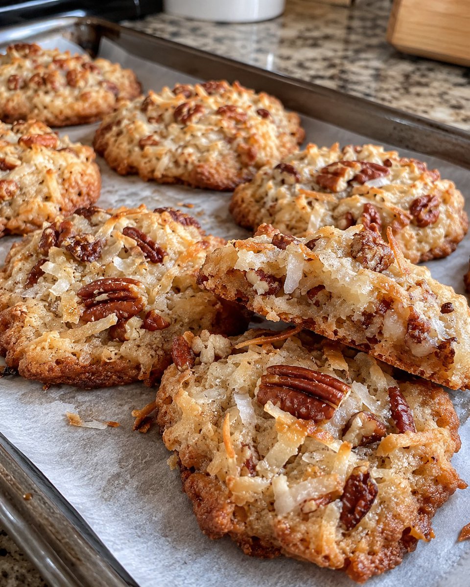 Cheflorarecipes's tweet photo. Chewy Coconut Pecan Cookies🥥🍪

Ingredients:

1 cup packed light brown sugar
½ cup salted butter, melted
1 large egg
1 tsp vanilla extract
1¼ cups all-purpose flour
2 tsp cornstarch
½ tsp baking soda
½ tsp ground cinnamon
1 cup sweetened shredded coconut
¾ cup chopped pecans

Instructions:

Whisk melted butter and brown sugar until smooth.
Mix in the egg and vanilla.
Add flour, cornstarch, baking soda, and cinnamon. Stir gently.
Fold in shredded coconut and chopped pecans.
Cover and refrigerate the dough for at least 1 hour.
Preheat oven to 375°F (190°C). Line a baking sheet with parchment paper.
Scoop dough into balls, spacing them 2 inches apart.
Bake for about 10 minutes until edges are golden and centers are slightly soft.
Let cool on the baking sheet for 5 minutes, then transfer to a wire rack.
 Tip: Toast the coconut and pecans for extra flavor