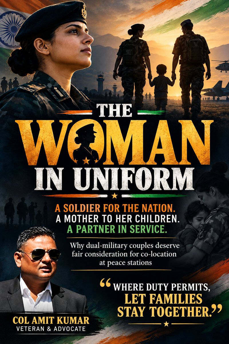 ColAmitkumar's tweet photo. https://t.co/tv0e5v8Iri
THE WOMAN IN UNIFORM: A SOLDIER FOR THE NATION, A MOTHER TO HER CHILDREN, AND A PARTNER IN SERVICE
Why the Armed Forces must recognise the unique challenges of dual-military couples and ensure compassionate, fair and practical peace-station postings

By Col Amit Kumar, Veteran & Advocate