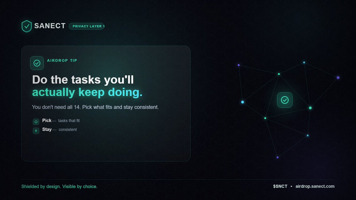 sanectnetwork's tweet photo. Pro tip for airdrop hunters: do the tasks that fit you and stay consistent.

You don't need all 14. You need the ones you'll actually keep doing.

$SNCT

#Airdrop #Crypto #Privacy https://t.co/nByZaCkG02