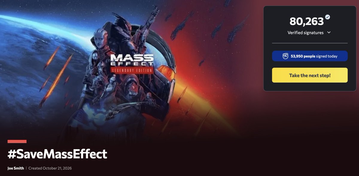 WeAreMassEffect's tweet photo. This is growing so fast we can't even keep up!!! We are now at 80,000 signatures 🤯

And we’re just getting started‼️ Keep sharing #SaveMassEffect and the petition. We’re so close to our 100k goal 💪

✍️ Sign the petition: https://t.co/AhcEFDBbd0 https://t.co/ZTc3ISvk3H
