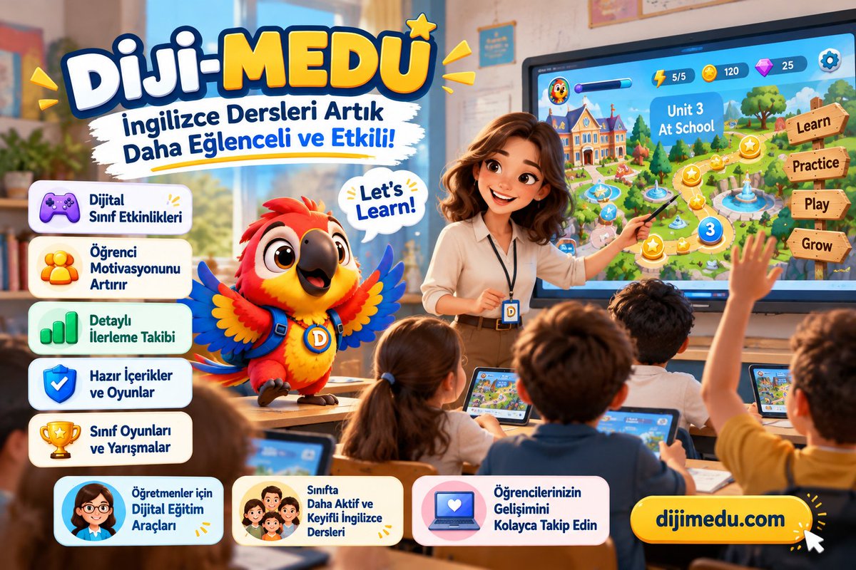 dijimedu's tweet photo. 👩‍🏫 Sevgili İngilizce öğretmenleri!

Derslerinizi oyunlarla daha eğlenceli hâle getirmeye ne dersiniz? 🎮

🦜 Diji-Medu ile:
📚 Sınıf seviyesine uygun içerikler
🎯 Eğlenceli kelime oyunları
🏆 Ligler ve ödüller
Öğrencileriniz öğrenirken eğlensin! 🚀
🌐 https://t.co/ZNb7WhDimr https://t.co/hgjTZB31q8