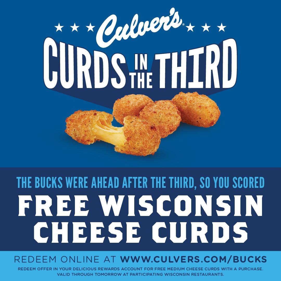 Bucks's tweet photo. Get your free curds courtesy of Culver's! 🧀