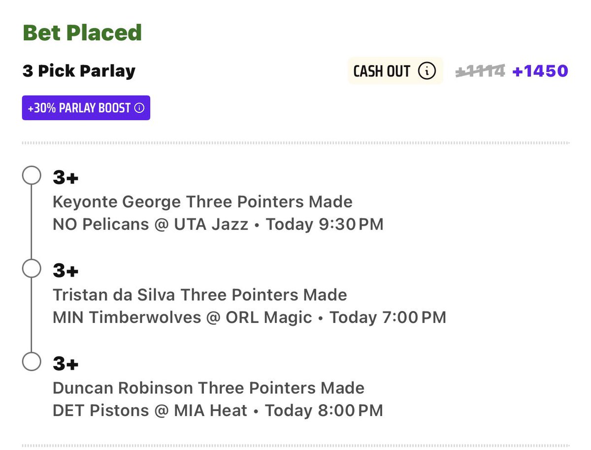 two2ix's tweet photo. Couple boosts from DK tonight. 
Pels SGP boosted 0.25u 
3’s lay. 0.25u 🫡
#Gamblingtwitter #GamblingX https://t.co/GyF5A1WYRY