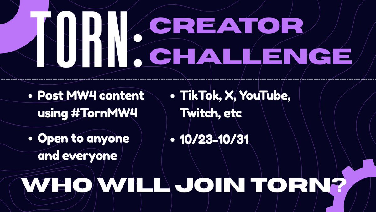 gg_torn's tweet photo. Want to join Torn? Here's your opportunity!

INTRODUCING THE TORN CREATOR CHALLENGE 💜

- Post MW4 content this week with #TornMW4
- Streamers and Content Creators
- No Follower Requirement ❌
- 1 Week Challenge

It's not about the most posts or longest streams, it's about the quality of the content. 

Up to 4 creators and streamers will be joing Torn!🫡