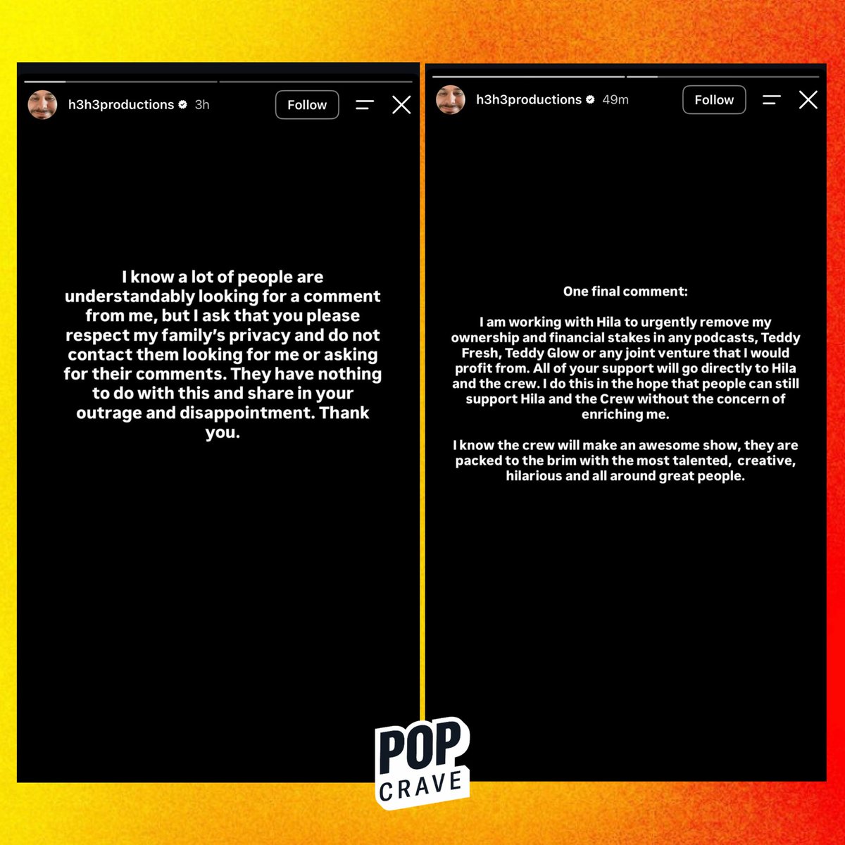 PopCrave's tweet photo. Ethan Klein asks the public to respect his family’s privacy after Hila Klein revealed he had been having an affair.

He also says he is working with Hila to remove his ownership and financial stakes in their podcasts, Teddy Fresh, Teddy Glow and other joint ventures. https://t.co/ttZROM1a8N