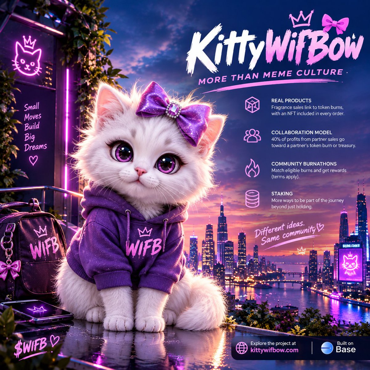 Trench_News_'s tweet photo. 🐱🎀 KittyWifBow: More Than Meme Culture

In crypto, attention is easy to attract but harder to sustain. KittyWifBow ($WIFB) is exploring a different approach by connecting meme culture with real products and community collaboration.

Built on Base, KittyWifBow links fragrance sales with token burns and includes an NFT with each order. Its collaboration model also directs 40% of profits from collaborative fragrance sales toward a partner’s token burn or treasury.

Add community Burnathons and staking, and there are several ways for people to engage beyond watching a chart.

The real test is execution: turning a creative idea into lasting participation and demand. It’s an ambitious direction, and one worth watching as the project develops.

KittyWifBow ,  crypto culture with its own flavour. 🎀

🌐 https://t.co/T7NfeInNrm