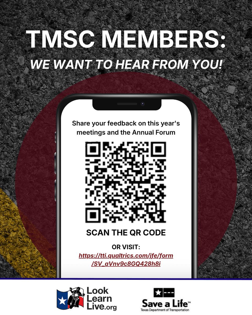 LookLearnLive's tweet photo. If you're a member of the Texas Motorcycle Safety Coalition (TMSC), please take a moment to complete this short poll to help improve TMSC meetings and the annual Forum. Click the link below to participate: 
https://t.co/PTjaMqMx9f 
Thank you! https://t.co/ZXuguIkDO2