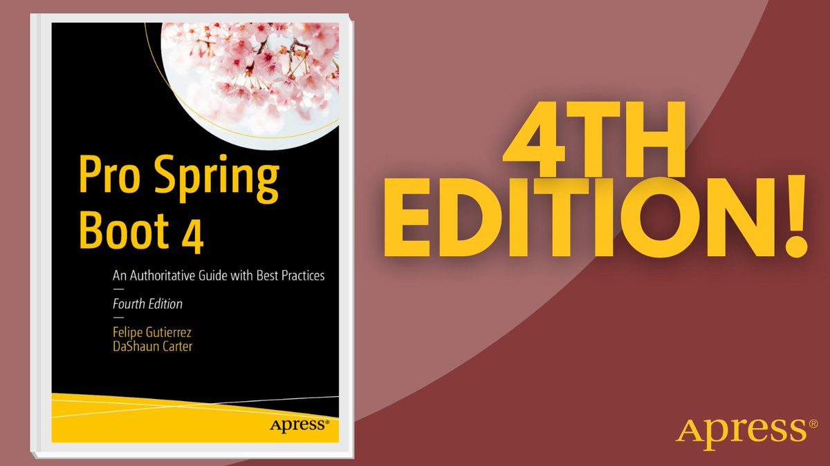 Apress's tweet photo. Ready for Spring Boot 4? Explore #Java 17/21 support, AOT transformations, RSocket, Spring Data, Spring Cloud, and real-world implementation patterns designed for scalable enterprise development. #SpringFramework #JavaDev #SoftwareArchitecture

🔗 https://t.co/MeG18e6Efc https://t.co/ENmmQUqUZL