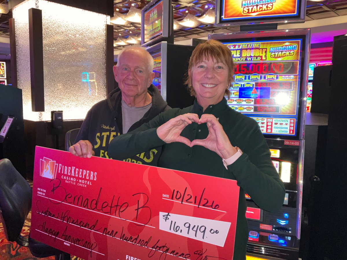 FireKeepers's tweet photo. Talk about an anniversary surprise! 💕 Bernadette scored a $16,949 jackpot, giving this year's celebration a little extra sparkle. ✨🎰 #MoneyKeeper #GetYourVegasOn https://t.co/BFOiIPK1nV
