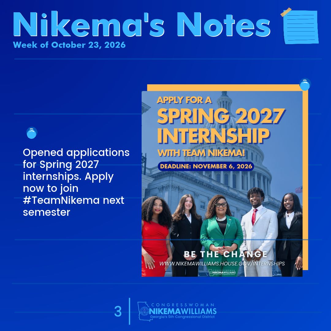 A blue campaign newsletter graphic announcing spring 2027 internship applications. A promotional poster shows five young adults standing in front of the U.S. Capitol. The graphic also includes a note icon and campaign branding. Text appears throughout.