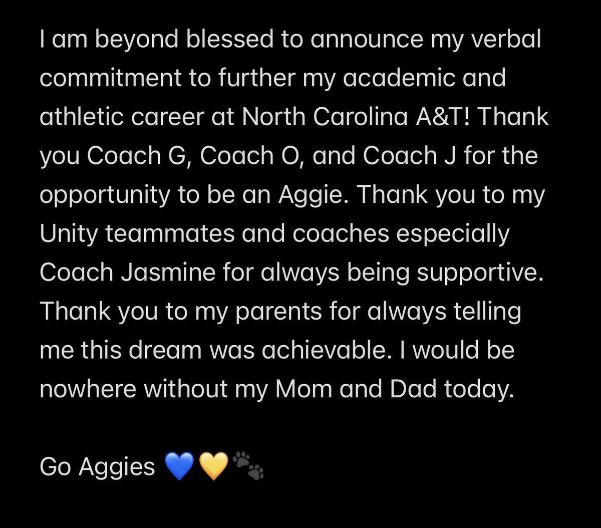 UnityBlackwell's tweet photo. 🚨COMMITMENT ALERT!!🚨

Congratulations to 2028 @jayahnav_sb28 on her commitment to continue her academic and athletic career at @NCATSOFTBALL! 💙💛 From her￼ successes on the field and to the moments that tested her, Jayahna’s journey has been nothing short of beautiful. #AGTG https://t.co/kudQRWYUv2